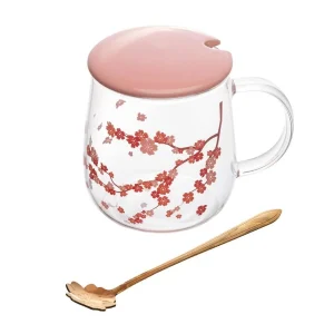 Caneca Wolff Sakura de Vidro Borossilicato com Tampa e Colhe